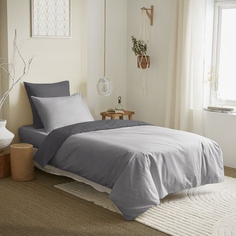 Pack complet 4 pièces Gris/Anthracite réversible housse de couette pour lit 90 x 190 cm (1/3)