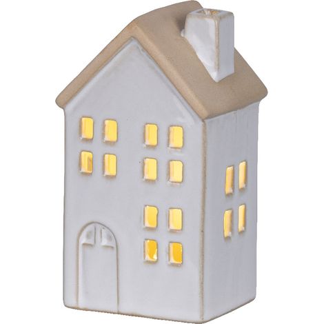 Lumineo Batterie LED Häuschen Weiß eckige Fenster 7,8 x 12,5 cm Prozellan - warmweiß