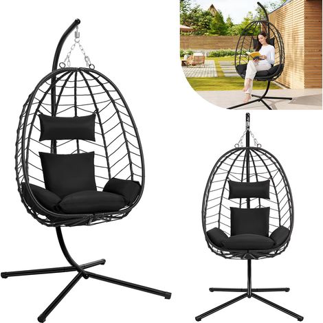 Fauteuil suspendu en forme d'œuf, chaise suspendue, hamac-balancelle, fauteuil à bascule sur pied, avec coussin et appuie-tête, idéal pour les terrasses et balcons, capacité de charge de 150 kg (noir)