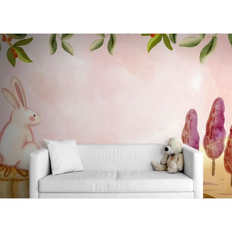 Papier peint Douceur – Lapin blanc assis paysage aquarelle - 400 x 260 cm (1/2)