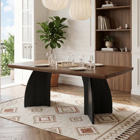 Table à manger 160 x 80 cm pour 4 à 6 personnes, Plateau épais 4 cm résistant à l'eau et aux rayures, Effet noyer, pieds noirs (1/5)