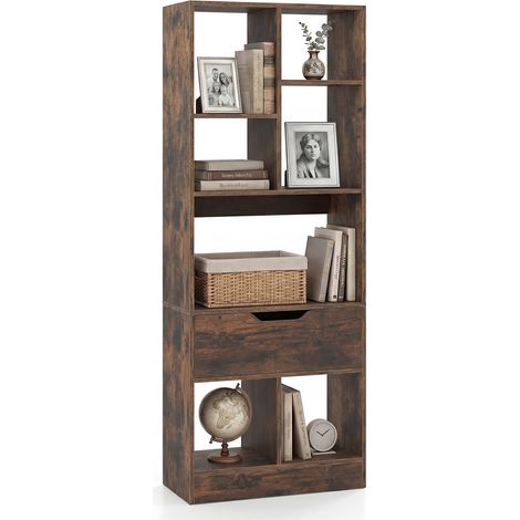 COSTWAY Libreria Verticale con 7 Cubi e Cassetto (Marrone,50x24x130cm) (1/5)