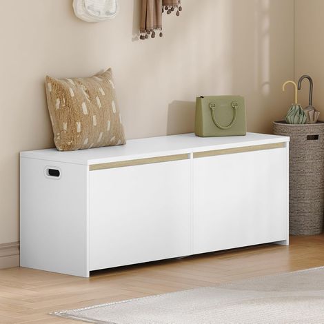 Coffre de rangement blanc 120 cm – Banc à chaussures avec 2 charnières de sécurité – Grand espace de rangement pour couloir et chambre (1/5)