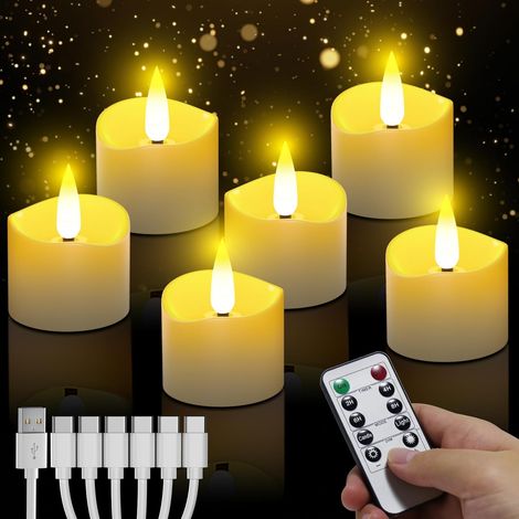 Bougies LED rechargeables - Lot de 6, chauffe-plat LED sans flamme avec télécommande et minuterie de 24h, bougies de prière à piles pour décorations de mariage, d'Halloween et de Noël (1/5)