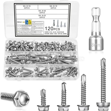 120 PcsVis Autoperceuses pour Métal, M4.8 Vis Autotaraudeuses en Acier Inoxydable pour travaux métalliques, vis autotaraudeuses à tête hexagonale, pour tuyaux de ventilation, rails métalliques (1/5)