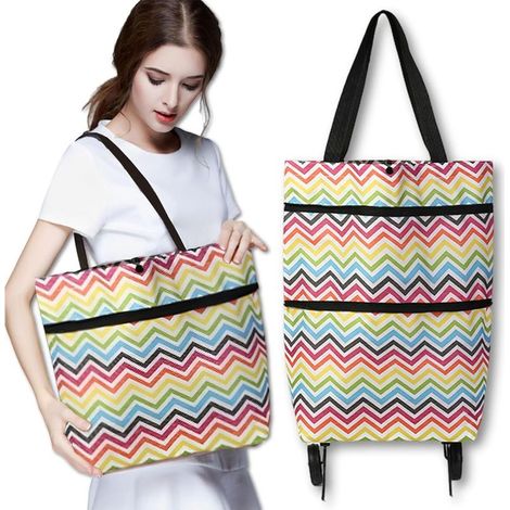 Chariot à Provisions, Caddie de Courses Portable, Courses Pliable en Tissu Oxford, Sac de Courses Réutilisable, Sac à Provisions avec roulettes, Vert Et Respectueux(Bandes de Vagues) (1/5)