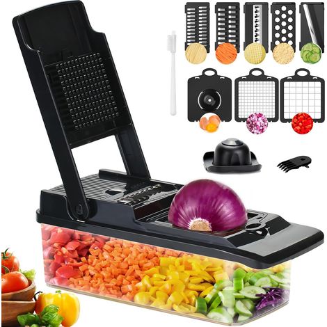Coupe legumes Multifonctions,T-GOGO 15 en 1 Mandoline de Cuisine Professionnelle,Coupe Legumes Manuel avec 7 Lames, Decoupe Legumes Coupe Frite pour Carotte,Pomme de Terre,Oignons,Tomates (Noir) (1/5)