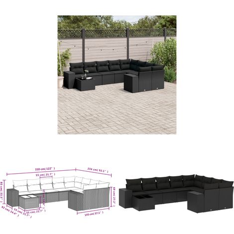 10-tlg. Garten-Sofagarnitur mit Kissen Schwarz Poly Rattan - Gartenmöbel Set - PE-Rattan Möbel - Outdoor Lounge - Esstisch Set - Balkonmöbel - Home & Living (1/3)