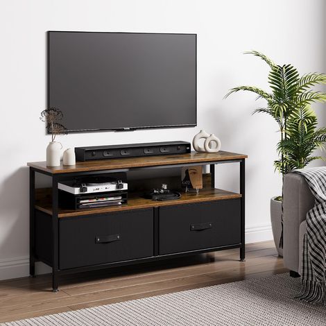 Meuble TV Rétro 99 cm avec 2 Tiroirs en Tissu et Étagères Ouvertes (1/5)