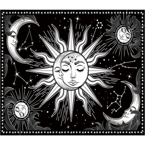 Tapisserie murale décorative en noir et blanc représentant le soleil et la lune, idéale pour la chambre ou le salon. Dimensions : 150 x 180 cm / 59 x 70,8 pouces. (1/5)