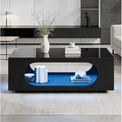 Couchtisch 100x50x35 cm schwarz aus MDF mit Hochglanzoberfläche, LED-Beleuchtung und Kabelmanagement (1/5)