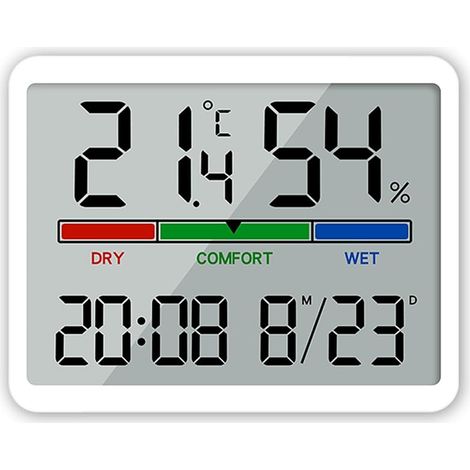 Hygromètre - Thermomètre d'intérieur numérique précis - Grand écran LCD - Thermomètre avec horloge - Pour serre et maison - Blanc (1/5)
