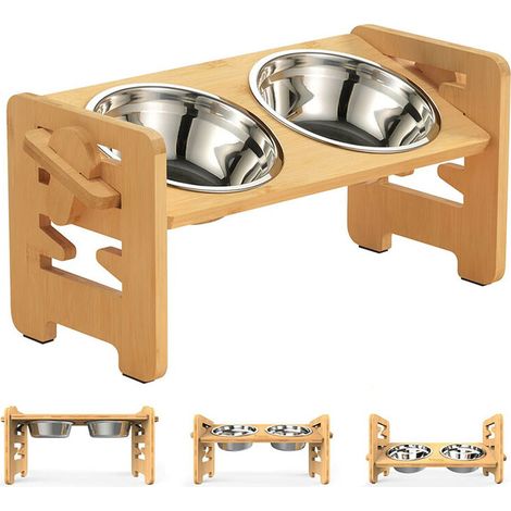 – Gamelle surélevée pour chien et chat avec support réglable en bambou – 2 bols en acier inoxydable – Hauteur ajustable 6,4 à 17,8 cm