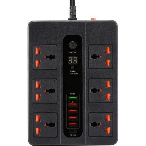 2 m langes Verlängerungskabel mit USB-Anschlüssen, 6 Steckdosen mit 5 USB-Anschlüssen und 1 USB-C-Anschluss, Verlängerungskabel mit Überspannungsschutz, 1-24-Stunden-Timer, Steckdosenleiste, EU-Stecke (1/5)