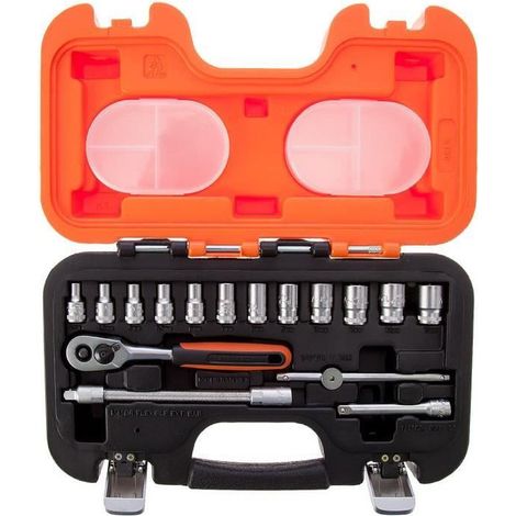 Bahco – Coffret multi-outils 16 pièces – Douilles hexagonales 4 à 13 mm – Cliquet réversible 1/4' 60 dents – Rallonges flexibles et rigides - X083531