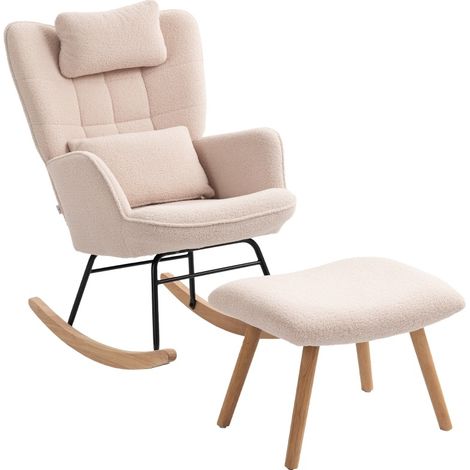 Sillón Mecedora con Reposapiés, Tejido Suave Beige, Respaldo Alto, Patas de Madera, Cojín (1/5)
