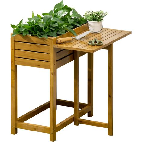 Hochbeet Blumenkasten Pflanzkasten Mit Klappbarer Tischplatte, Kräuterbeet Mit Innenverkleidung Aus Vlies, Holz, Braun, 64 X 80 X 30 Cm