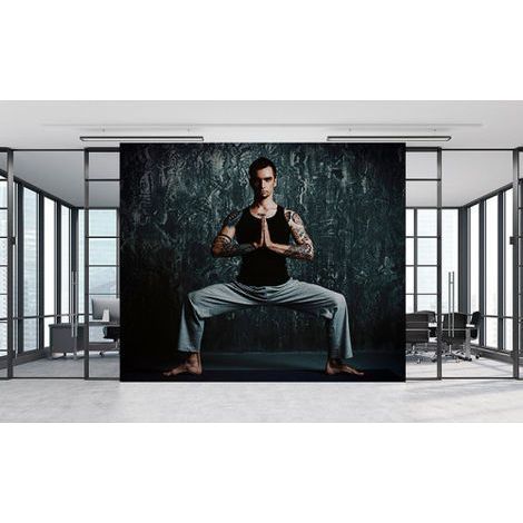 Papier peint panoramique zen pour chambre Tapisserie panoramique trompe l'oeil gris et noir Papier peint panoramique original méditation (1/3)