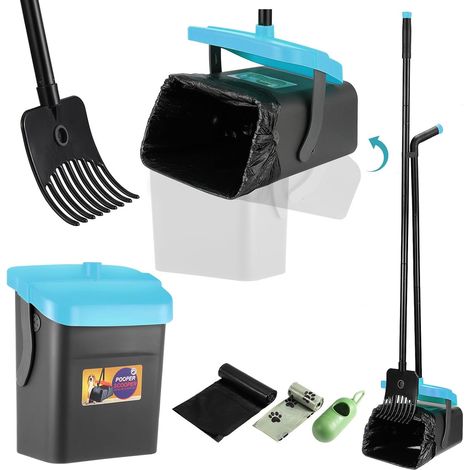 Pelle Ramasse Crottes pour Chiens, Pelle à Déjections Canines et Râteau, Pelle a Crotte Portable Kit de Ramasse Crotte et Râteau avec 35 Sacs à Déchets 117cm Poignée Longue Réglable (Bleu) (1/5)