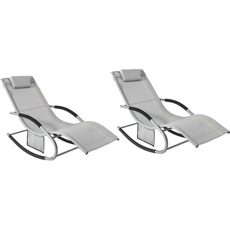 Set de 2 Tumbonas, Mecedora con Almohada y Bolsillo Lateral, Estructura de Hierro, Malla Transpirable Teslin, cómodo, soporta hasta 150 kg, Color Gris OGS28-HGx2 SoBuy ES