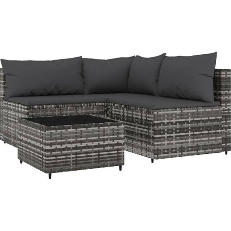 Salon de jardin 4 pcs avec coussins Gris Résine tressée (1/5)