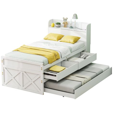 Lit bois 90x190cm table chevet USB, lit gigogne et 2 tiroirs de rangement