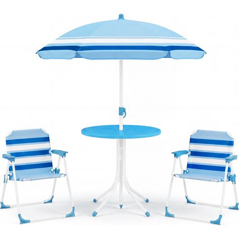 Ensemble mobilier de jardin enfant 4 pièces bleu, table de pique-nique ronde, 2 chaises pliables et parasol amovible réglable en hauteur, pour enfants à partir de 3 ans (1/5)
