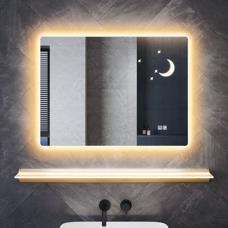 SONNI 80×60cm LED Badezimmerspiegel mit Beleuchteter Ablage, Sternen- und Mondmuster Spiegel mit 3 Einstellbare Lichtfarben und Memory-Funktion