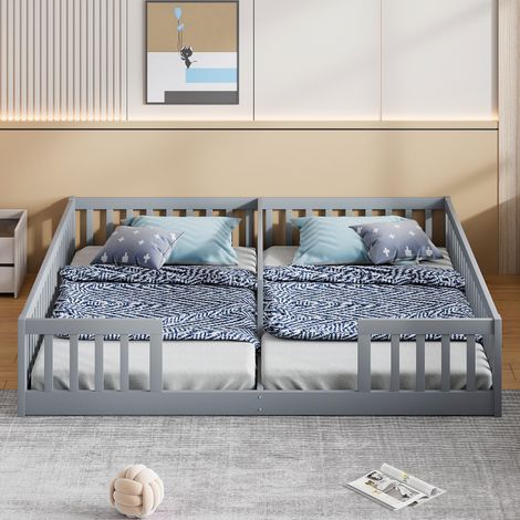 Lit évolutif 2x90x200cm - lit enfant avec grille, sans sommier à lattes et matelas - bois de pin, gris (1/5)