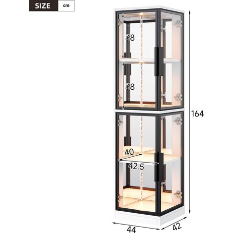 Vitrine en verre 44x42x164 cm avec fond miroir, présentation double face, LED multicolore, pour collection, livres et vin, coloris blanc (1/5)