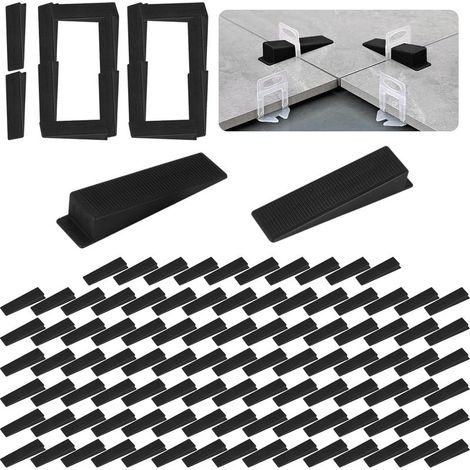 100 Fliesenkeile. Wiederverwendbares, selbstnivellierendes System. Für Böden und Wände. Schwarz. (1/5)