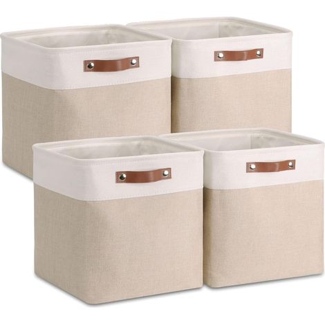 4er-Set Aufbewahrungsboxen – Leinenstoff und Metall – Faltbar mit Griff – Für Würfelregale und Schränke – 33 x 38 x 33 cm – Khaki und Weiß (1/5)