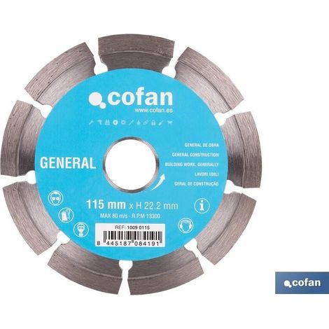 COFAN disco diam. universal basico 115 mm. , Discos de diamante segmentado Cofan obra estándar universal base. corte de todo tipo de materiales de construcción. Excelente corte en