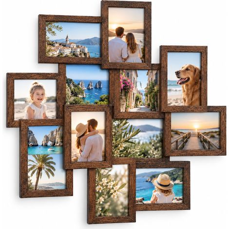 Relaxdays Marco Múltiple para 12 Fotos de 10 x 15 cm, Portafotos Collage de Pared, Madera MDF, 64,5 x 62 cm, Marrón (1/5)