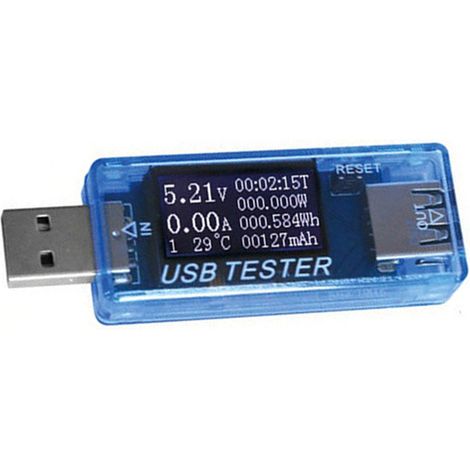 USB-Tester: Anzeige von Stromstärke, Spannung, Kapazität, Zeit, Leistung (Wh) und Temperatur. Blaues USB-Voltmeter. (1/5)