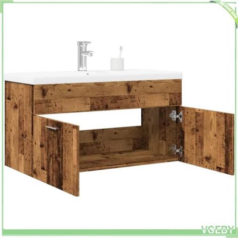 Armoire de lavabo de salle de bain - Modèle 3328585 - Vieux bois - 90 x 38,5 x 46 cm - Vasque céramique blanche (1/5)