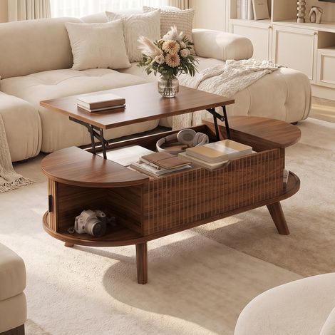 Mesa de centro elevable ovalada de 110 x 50 cm con arcón oculto y 2 puertas correderas acanaladas, patas de madera maciza, color nogal (1/5)