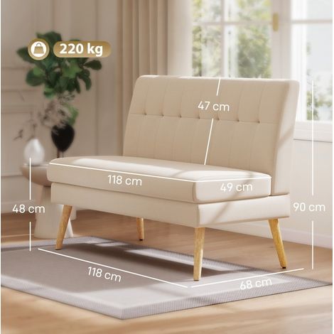Divano 2 posti beige in tessuto effetto lino con schienale capitonné e gambe in legno (1/4)