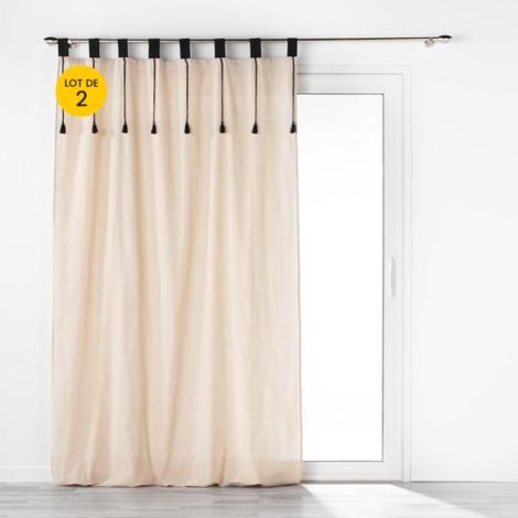 Lot de 2 Rideaux à passants en polycoton 140 x 240 cm + pompons Filine naturel (1/5)
