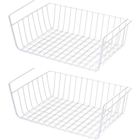 Lot de 2 paniers de rangement sous étagère, grille métallique coulissante, organiseur mural pour cuisine, bureau, placard et bibliothèque, blanc, gain de place (1/5)