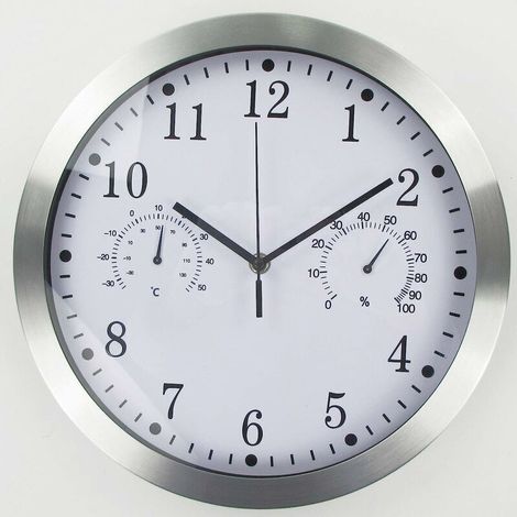 Runde, geräuschlose Quarz-Wanduhr mit Metallrahmen, dekorative, tickfreie Wanduhr mit Temperatur- und Feuchtigkeitsanzeige (30,5 cm, schwarz) - Crezuo