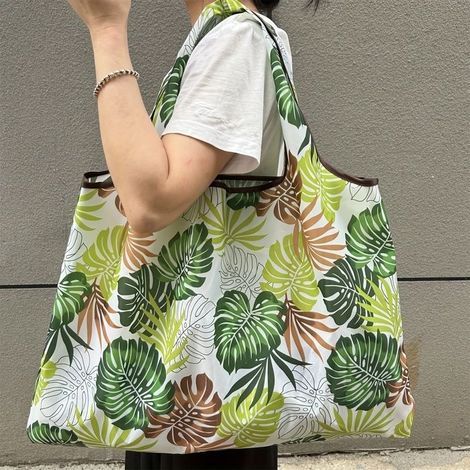 Grand Sac de Shopping Pliable à Grande Capacité - Léger, Portable & Imperméable en Nylon avec Motif Feuille pour un Usage Quotidien (1/4)