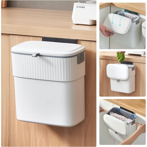 Poubelle à Suspendre Avec Couvercle,Compost de Cuisine Pour Dessous d'Évier, Murale en Plastique, Petite Poubelle Avec Couvercle ,9L,Blanc (1/5)