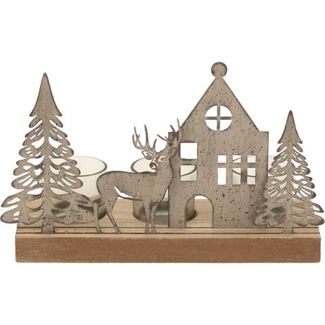 Rustic Scene Tealight on Wood Stand with Glass Votives - Metal - L8 x W15 x H23 cm - Brown