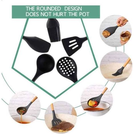 11 pièces Ustensiles de Cuisine,Silicone Ustensiles de Cuisine en Bois Ustensiles Cuisine Antiadhésive Set,Silicone de qualité (1/3)
