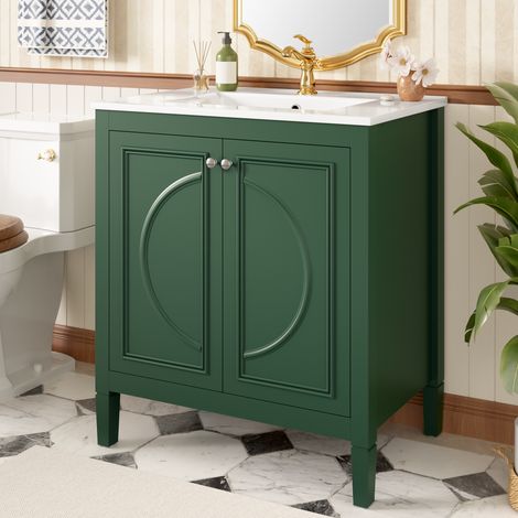 Modernluxe - Meuble de salle de bain avec vasque en céramique 76x46,5x88,5 cm - 1 tiroir et 2 portes - Finition laquée - Étagère réglable - Vert (1/5)