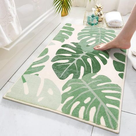 Tapis de bain à feuilles vertes pour salle de bain, antidérapant, lavable, tapis de salle de bain, tapis de bain en peluche douce, paillasson d'intérieur pour douche et baignoire 50 x 80 cm