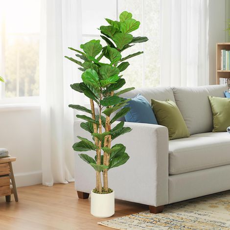 Plante artificielle intérieure 150 cm Figuier lyre arbre artificiel avec pot en plastique et tronc en bois massif, vert (1/5)