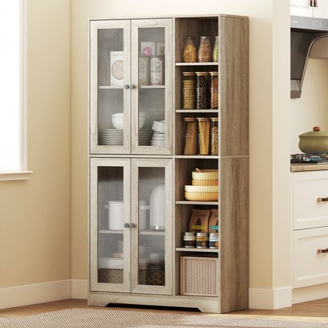 Alacena de Cocina con Vitrinas con 4 Puertas Cierre Suave y Estantes Ajustables, 90x35x172 cm Gris Claro (1/5)