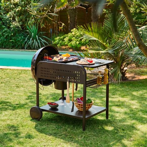 Barbecue rond charbon de bois acier émaillé Ø53cm. grill noir avec chariot - Maurice (1/5)